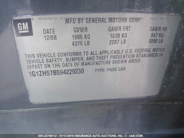 1G1ZH57B594229230 - 2009 CHEVROLET MALIBU 1LT 灰色 照片 9