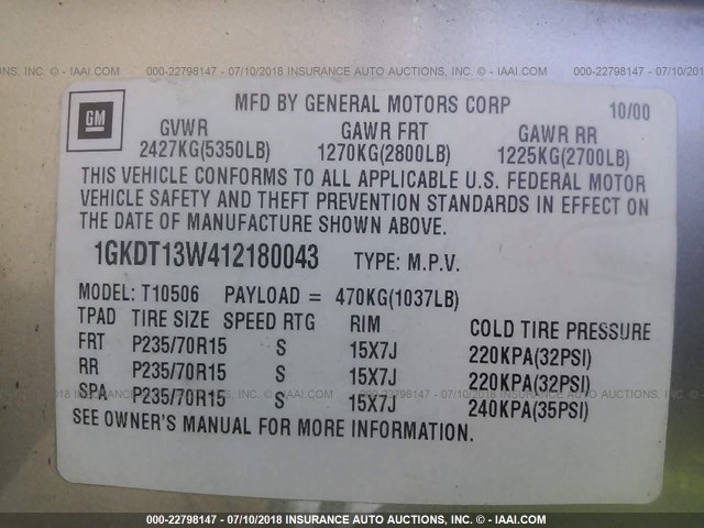 1GKDT13W412180043 - 2001 GMC JIMMY BEIGE photo 9