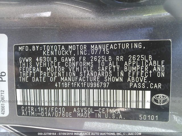 4T1BF1FK1FU996797 - 2015 TOYOTA CAMRY LE/XLE/SE/XSE GRAY photo 9