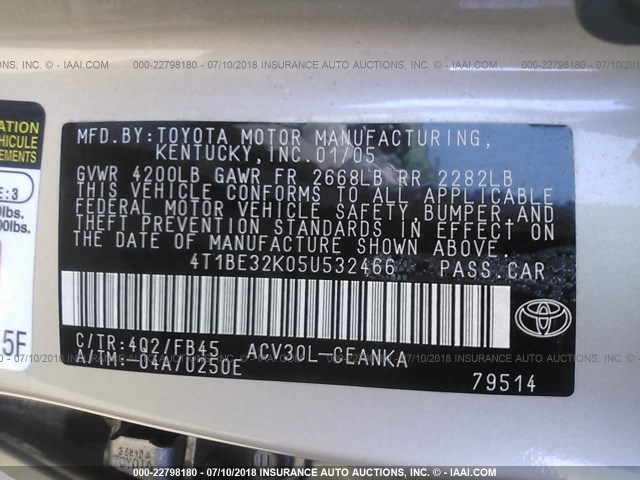 4T1BE32K05U532466 - 2005 TOYOTA CAMRY LE/XLE/SE Qızıl foto 9