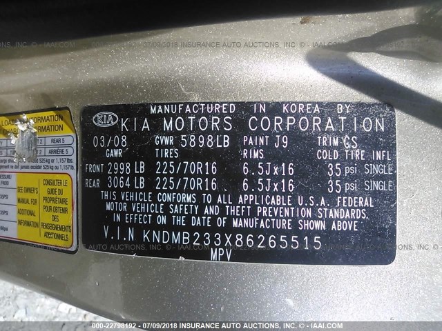 KNDMB233X86265515 - 2008 KIA SEDONA EX/LX GOLD photo 9