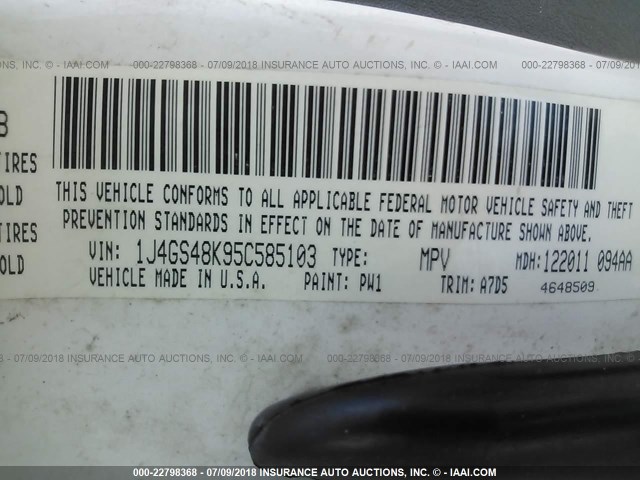 1J4GS48K95C585103 - 2005 JEEP GRAND CHEROKEE LAREDO/COLUMBIA/FREEDOM 白色 照片 9