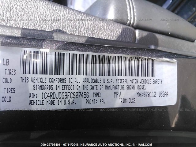 1C4RDJDG8FC927456 - 2015 DODGE DURANGO LIMITED GRAY photo 9