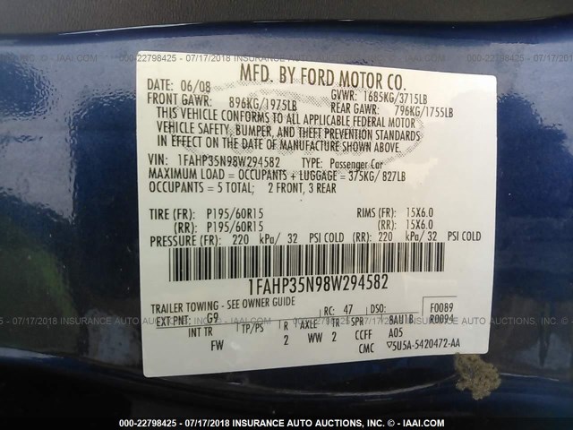 1FAHP35N98W294582 - 2008 FORD FOCUS SE/SEL/SES BLUE photo 9