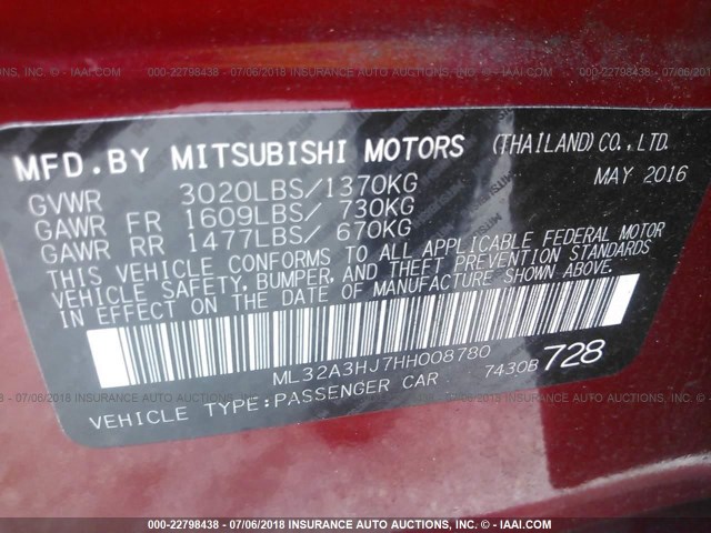 ML32A3HJ7HH008780 - 2017 MITSUBISHI MIRAGE ES RED photo 9