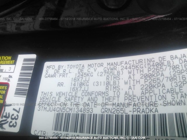 3TMJU4GN5CM134893 - 2012 TOYOTA TACOMA DOUBLE CAB PRERUNNER BLACK photo 9