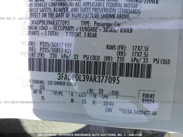 3FADP0L39AR377095 - 2010 FORD FUSION HYBRID WHITE photo 9