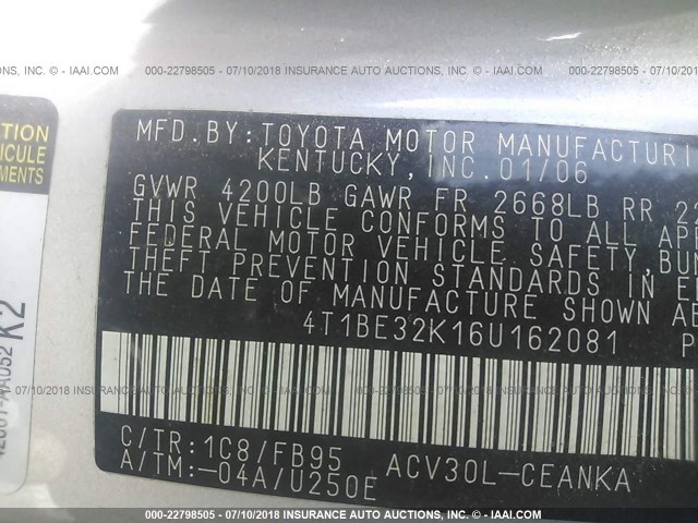 4T1BE32K16U162081 - 2006 TOYOTA CAMRY LE/XLE/SE Gümüş foto 9