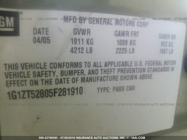 1G1ZT52805F281910 - 2005 CHEVROLET MALIBU LS მწვანე ფოტო 9