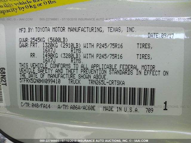 5TFRX5GN0HX099410 - 2017 TOYOTA TACOMA ACCESS CAB/SR/SR5 WHITE photo 9