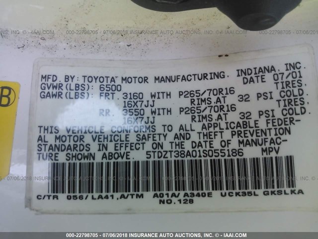 5TDZT38A01S055186 - 2001 TOYOTA SEQUOIA LIMITED WHITE photo 9