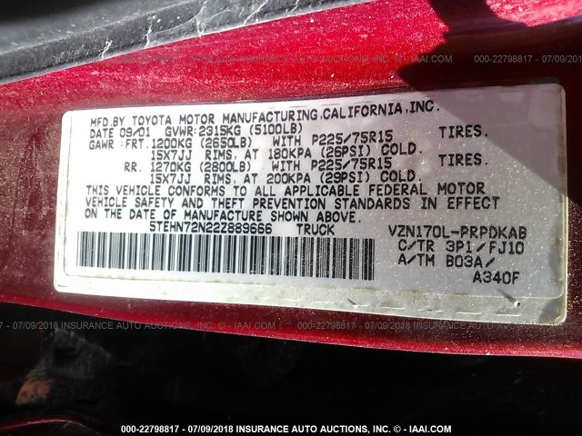 5TEHN72N22Z889666 - 2002 TOYOTA TACOMA DOUBLE CAB 红色 照片 9