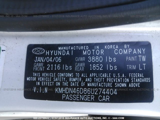 KMHDN46D86U274404 - 2006 HYUNDAI ELANTRA GLS/GT/LIMITED SILVER photo 9