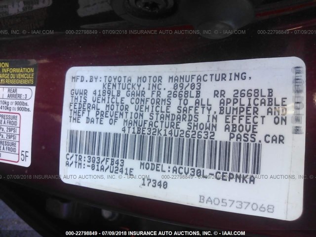 4T1BE32K14U262632 - 2004 TOYOTA CAMRY LE/XLE/SE Bordo foto 9