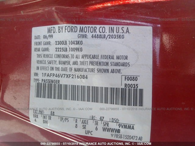 1FAFP46V7XF216084 - 1999 FORD MUSTANG COBRA SVT RED photo 9