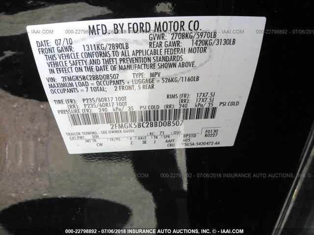 2FMGK5BC2BBD08507 - 2011 FORD FLEX SE BLACK photo 9