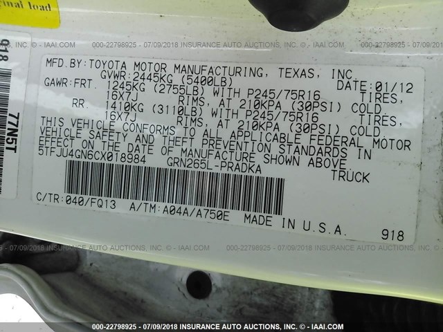 5TFJU4GN6CX018984 - 2012 TOYOTA TACOMA DOUBLE CAB PRERUNNER WHITE photo 9