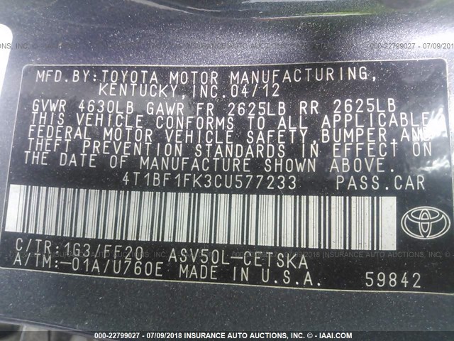 4T1BF1FK3CU577233 - 2012 TOYOTA CAMRY SE/LE/XLE GRAY photo 9