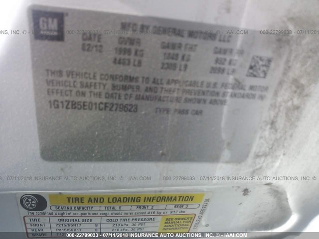 1G1ZB5E01CF279623 - 2012 CHEVROLET MALIBU LS WHITE photo 9