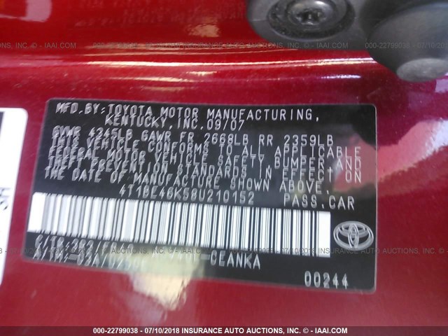 4T1BE46K58U210152 - 2008 TOYOTA CAMRY CE/LE/XLE/SE RED photo 9