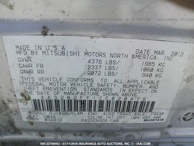 4A32B2FF1CE020479 - 2012 MITSUBISHI GALANT FE SILVER photo 9