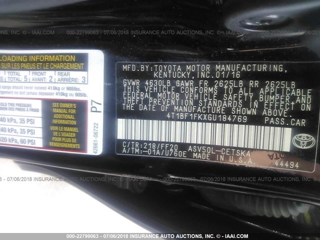 4T1BF1FKXGU184769 - 2016 TOYOTA CAMRY LE/XLE/SE/XSE BLACK photo 9