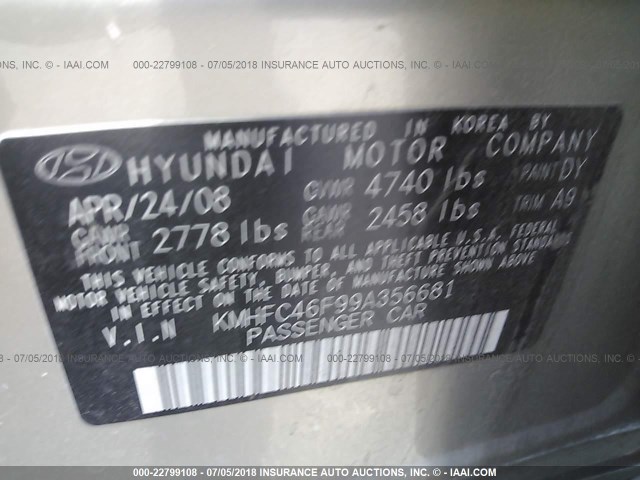 KMHFC46F99A356681 - 2009 HYUNDAI AZERA SE/LIMITED SILVER photo 9