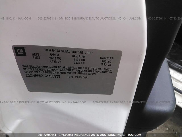 2G2WP552781185939 - 2008 PONTIAC GRAND PRIX WHITE photo 9