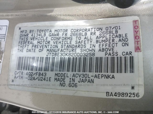 JTDBE30K820003258 - 2002 TOYOTA CAMRY LE/XLE/SE Qızıl foto 9