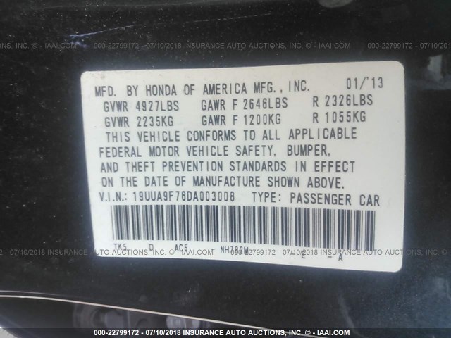 19UUA9F76DA003008 - 2013 ACURA TL ADVANCE BLACK photo 9