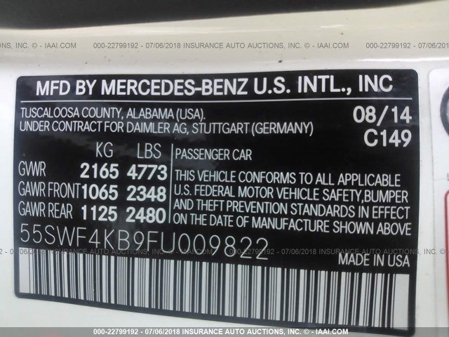 55SWF4KB9FU009822 - 2015 MERCEDES-BENZ C 300 4MATIC WHITE photo 9