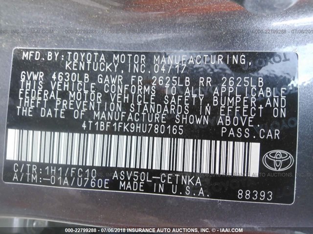 4T1BF1FK9HU780165 - 2017 TOYOTA CAMRY LE/XLE/SE/XSE 灰色 照片 9