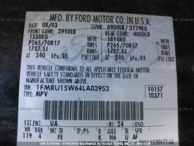 1FMRU15W64LA03953 - 2004 FORD EXPEDITION XLT BLACK photo 9