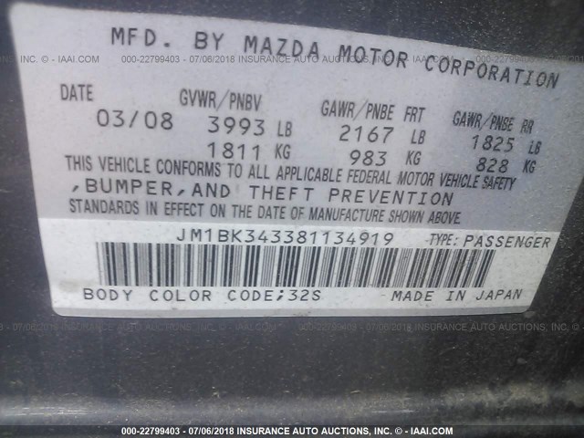 JM1BK343381134919 - 2008 MAZDA 3 HATCHBACK GRAY photo 9