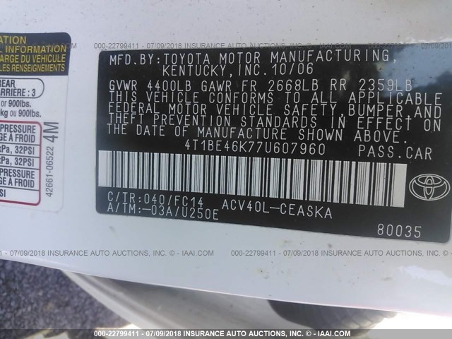 4T1BE46K77U607960 - 2007 TOYOTA CAMRY NEW GENERAT CE/LE/XLE/SE WHITE photo 9