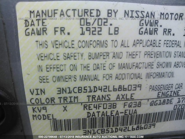 3N1CB51D42L686039 - 2002 NISSAN SENTRA XE/GXE GRAY photo 9