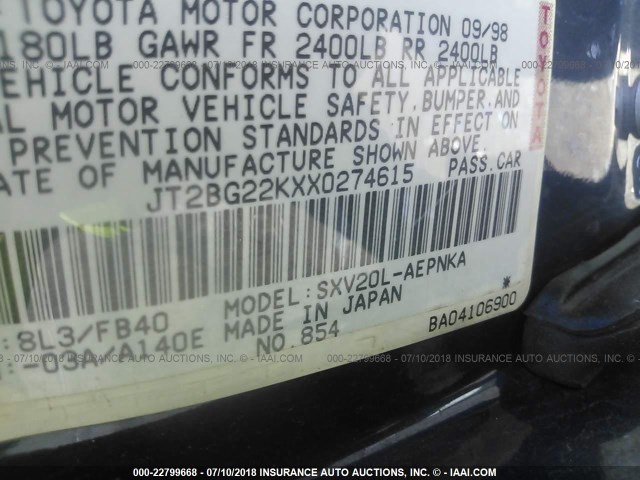JT2BG22KXX0274615 - 1999 TOYOTA CAMRY LE/XLE 蓝色 照片 9