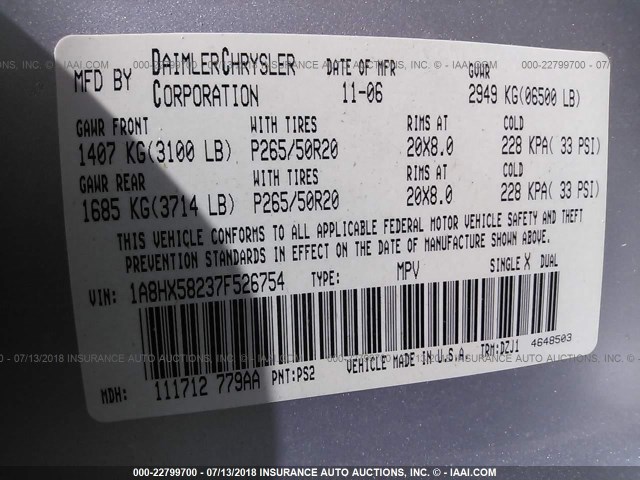 1A8HX58237F526754 - 2007 CHRYSLER ASPEN LIMITED SILVER photo 9