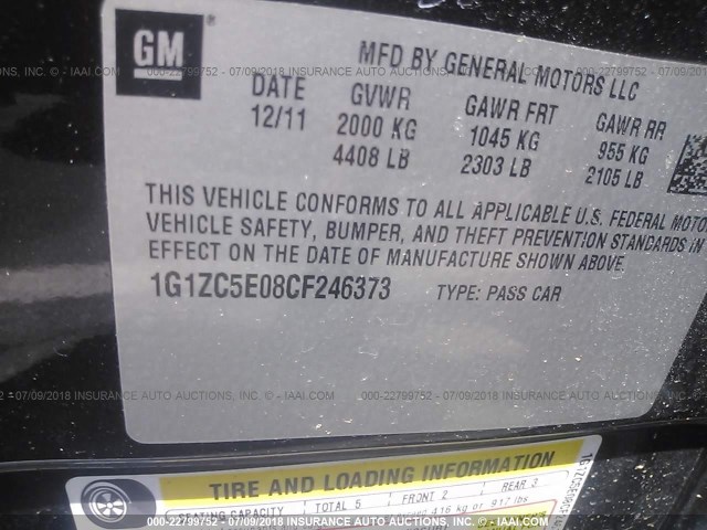 1G1ZC5E08CF246373 - 2012 CHEVROLET MALIBU 1LT 黑色 照片 9