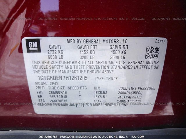 1GTG6DEN7H1261205 - 2017 GMC CANYON SLT MAROON photo 9