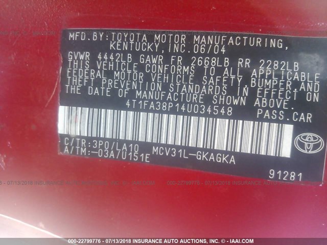 4T1FA38P14U034548 - 2004 TOYOTA CAMRY SOLARA SE/SLE წითელი ფოტო 9