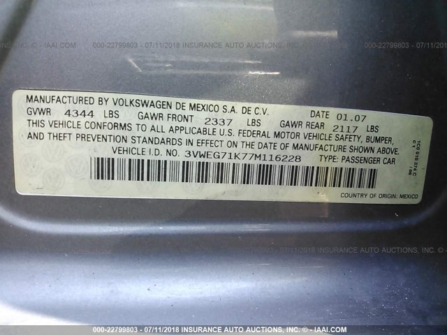 3VWEG71K77M116228 - 2007 VOLKSWAGEN JETTA WOLFSBURG 灰色 照片 9