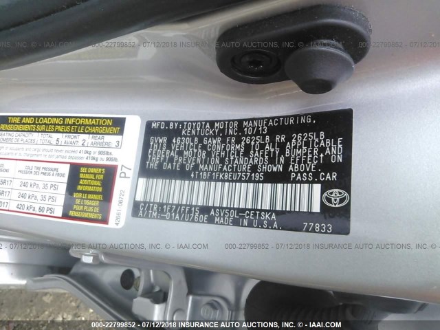 4T1BF1FK8EU757195 - 2014 TOYOTA CAMRY L/SE/LE/XLE 银色 照片 9