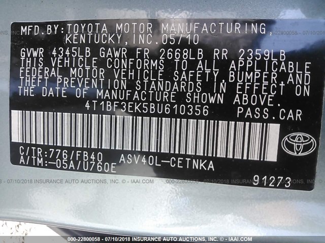 4T1BF3EK5BU610356 - 2011 TOYOTA CAMRY SE/LE/XLE Light Blue photo 9