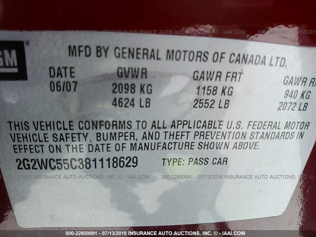 2G2WC55C381118629 - 2008 PONTIAC GRAND PRIX GXP RED photo 9