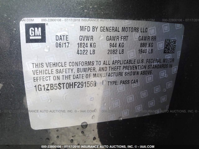 1G1ZB5ST0HF291560 - 2017 CHEVROLET MALIBU LS 灰色 照片 9