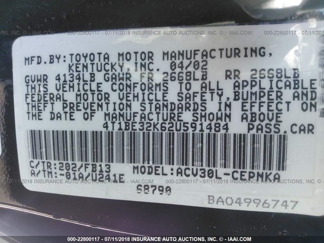 4T1BE32K62U591484 - 2002 TOYOTA CAMRY LE/XLE/SE 黑色 照片 9