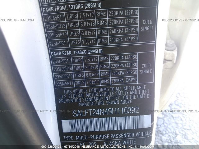 SALFT24N49H116392 - 2009 LAND ROVER LR2 HSE TECHNOLOGY WHITE photo 9