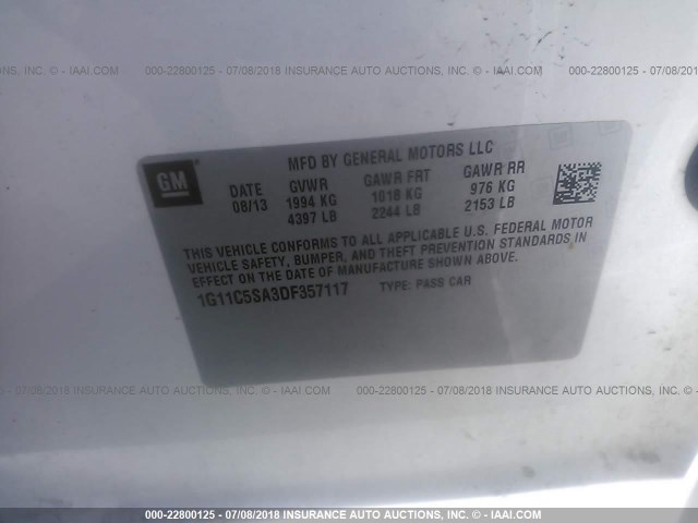 1G11C5SA3DF357117 - 2013 CHEVROLET MALIBU 1LT 白色 照片 9