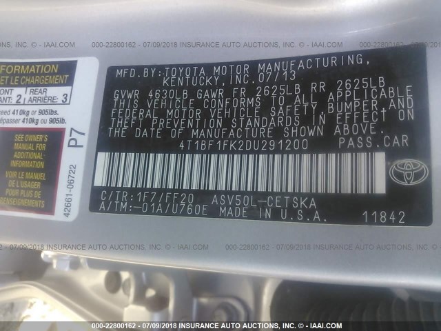 4T1BF1FK2DU291200 - 2013 TOYOTA CAMRY L/SE/LE/XLE 银色 照片 9